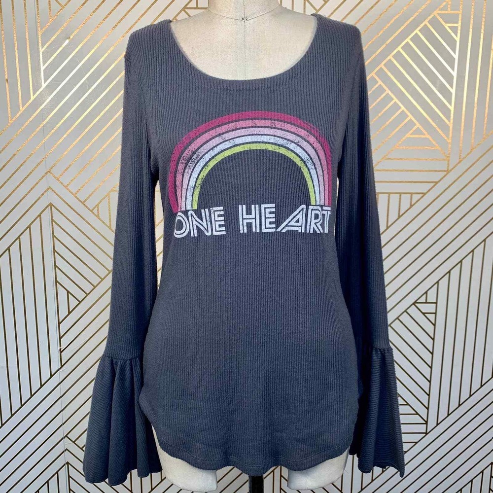 NWT Chaser One Heart Rainbow Love Rib Peplum Sleeve Shirttail Tee Gray Size XS